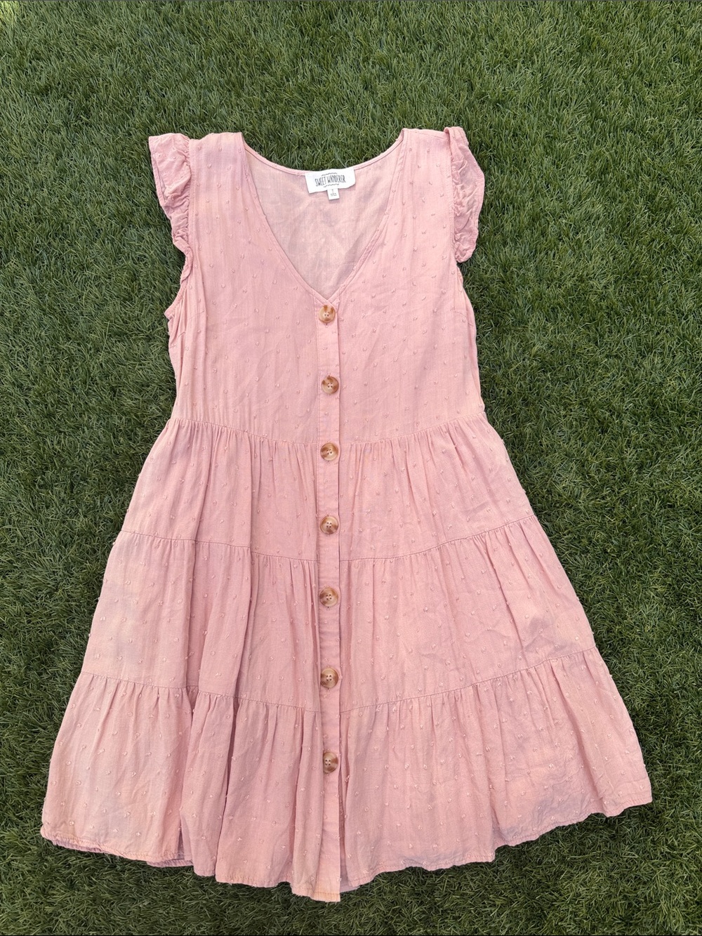 Blush Pink Swiss Dot Tiered Mini Dress Women’s Medium Boho Cottagecore - Picture 2 of 5
